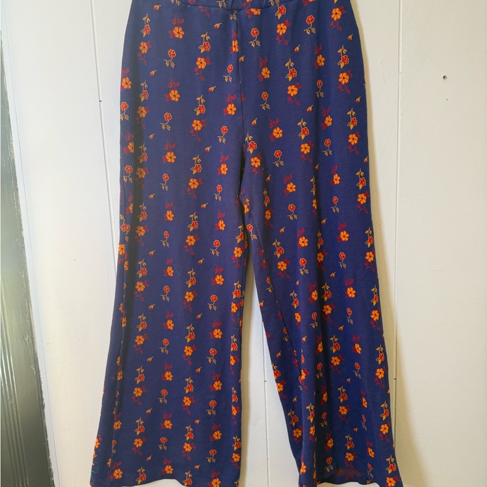 Vintage 70s Blue Knit Flare Pants Floral Print Elastic Waist Size 8